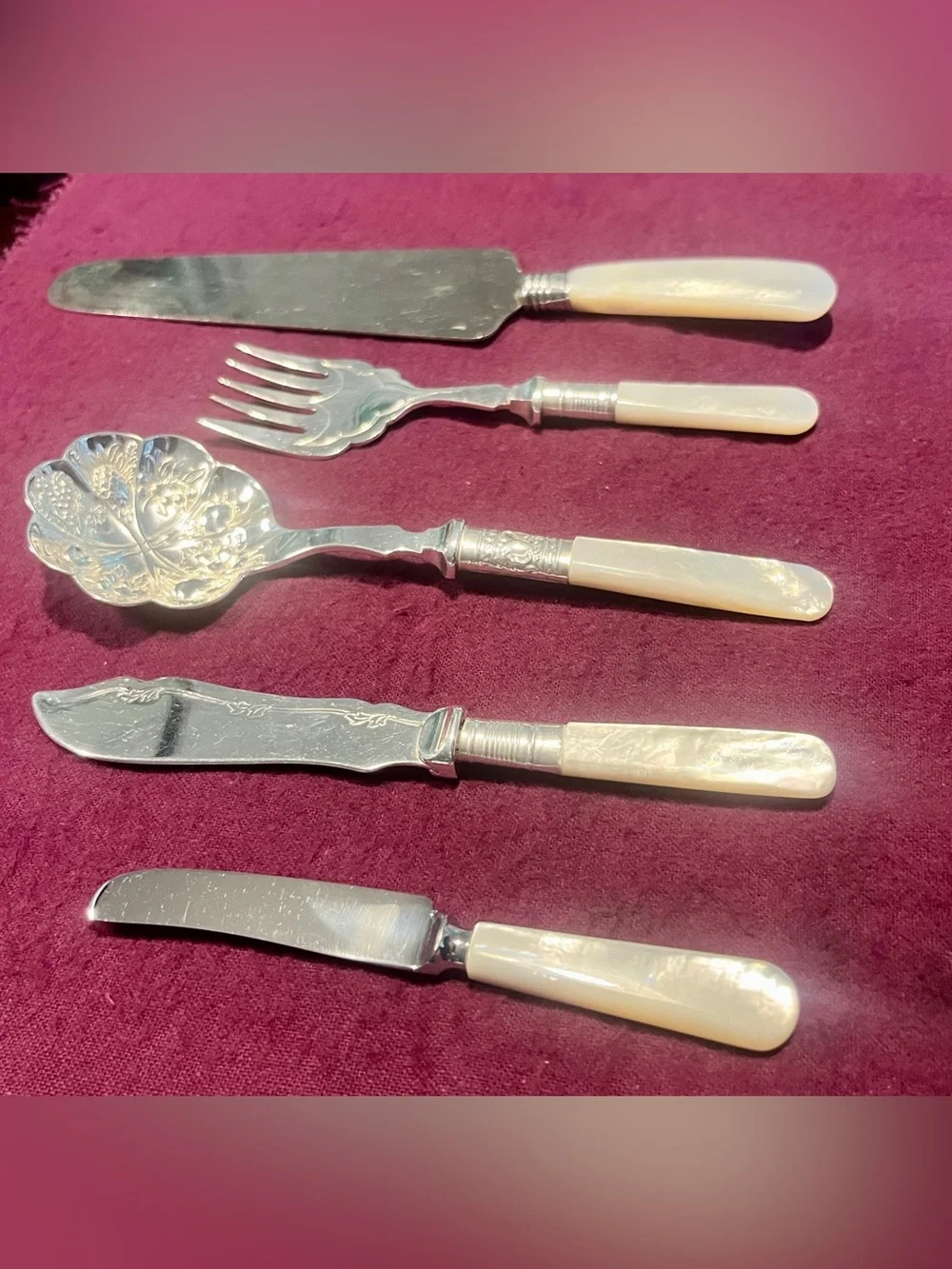 Vintage Sheffield England Mother of Pearl 5-Piece Serving Set • EPNS